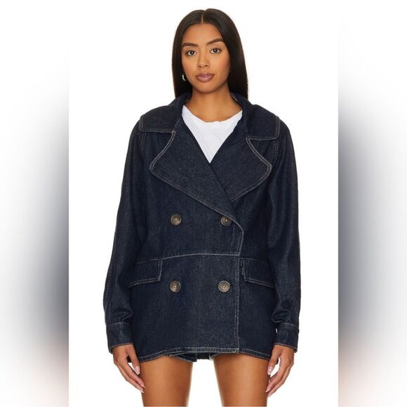 NWOT Free People Denim Car Coat Contrast Stitch Big Buttons Slouchy Large Blue - Picture 2 of 4